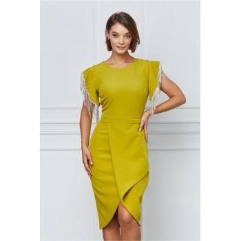 Rochie MBG verde lime cu franjuri la maneci la reducere