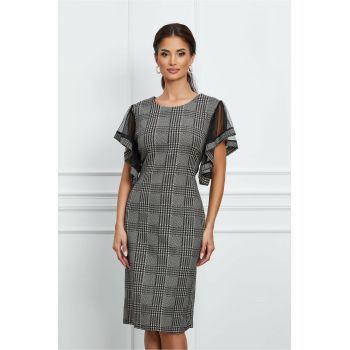 Rochie Samira neagra cu carouri si maneci din tull