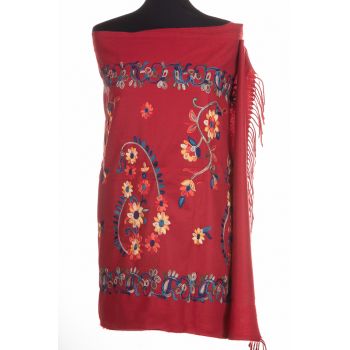 Esarfa cashmere cu model floral brodat pe fond bordo de firma originala