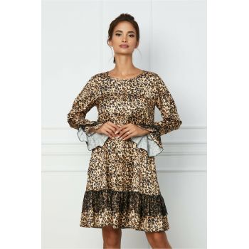 Rochie LaDonna cu animal print bej si dantela la baza