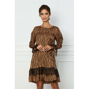 Rochie LaDonna maro cu zebra print si dantela la baza