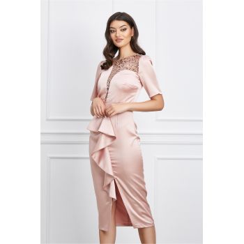 Rochie Moze roz cu paiete la bust si volan pe fusta ieftina la reducere