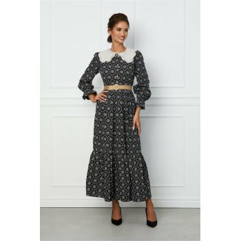Rochie Nadia neagra cu imprimeu floral si curea in talie
