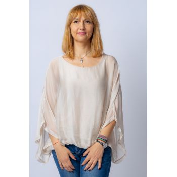 Bluza bej din matase naturala cu maneca fluture