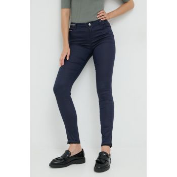 Morgan pantaloni femei, culoarea albastru marin, mulata, high waist