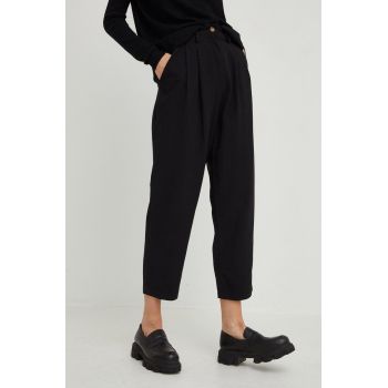 Answear Lab pantaloni din in Linen Blend femei, culoarea negru, drept, high waist