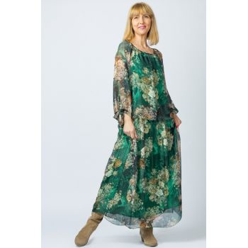 Rochie lunga, cu imprimeu floral pe fond verde, din matase