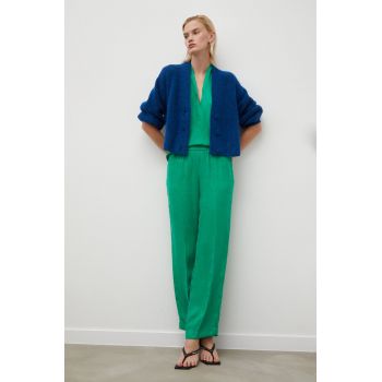 Herskind pantaloni femei, culoarea verde, lat, high waist
