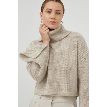 Herskind pulover de lana femei, culoarea bej, călduros, cu guler de firma original