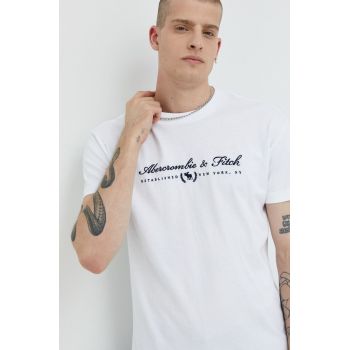 Abercrombie & Fitch tricou din bumbac culoarea alb, cu imprimeu