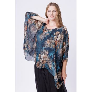 Bluza din matase naturala in colturi cu imprimeu floral pe fond turcoaz