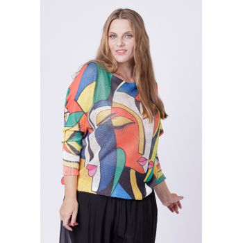 Bluza tricotaj subtire cu imprimeu stil Picasso pe fond rosu