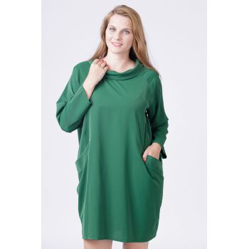 Rochie scurta verde cu guler intors si buzunare ieftina la reducere