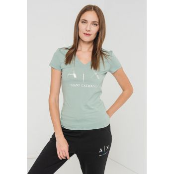 Tricou cu decolteu in V si imprimeu logo