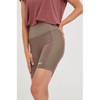 Reebok pantaloni scurți de yoga femei, culoarea maro, modelator, high waist