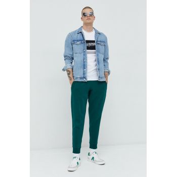 Superdry pantaloni de trening din bumbac barbati, culoarea verde, neted de firma originali