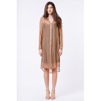Rochie camasa din matase,  camel, cu dublura