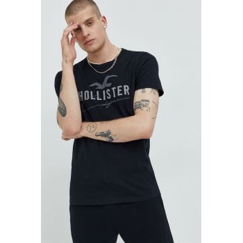 Hollister Co. tricou din bumbac culoarea negru, cu imprimeu