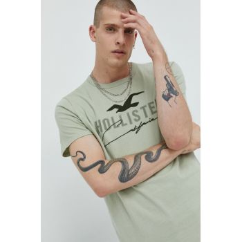 Hollister Co. tricou din bumbac culoarea verde, cu imprimeu