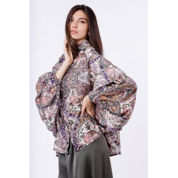 Camasa din satin oversize, cu maneci bufante si imprimeu arabesc cu nuante de roz si verde