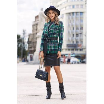 Sacou Dy Fashion verde cu carouri si cordon in talie