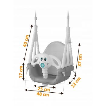 Leagan de gradina convertibil 3in1 pentru copii Ricokids Elefant GriAlb utilizare interiorexterior cu bara de protectie si spatar detasabile,franghii cu dimensiune reglabila,sezut ergonomic,sarcina maxima 30 kg