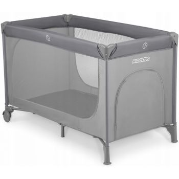 Patut pliabil cu un nivel pentru copii Ricokids,pliere compacta,usa de acces cu fermoar,roti cu frane,husa transport si saltea pliabila incluse Gri