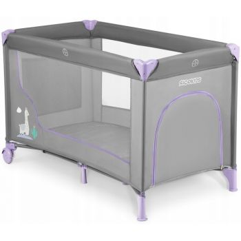 Patut pliabil cu un nivel pentru copii Ricokids,pliere compacta,usa de acces cu fermoar,roti cu frane,husa transport si saltea pliabila incluse Gri Lavanda