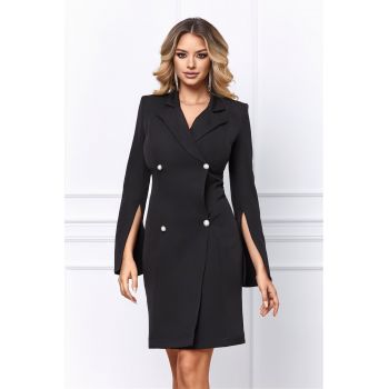 Rochie de Dama Tip Sacou 3/4,Incheiata in Nasturi, cu Maneci Crapate, Neagra