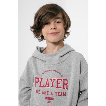4F bluza copii culoarea gri, cu glugă, cu imprimeu
