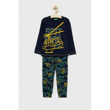 United Colors of Benetton pijamale de bumbac pentru copii culoarea albastru marin, cu imprimeu ieftine