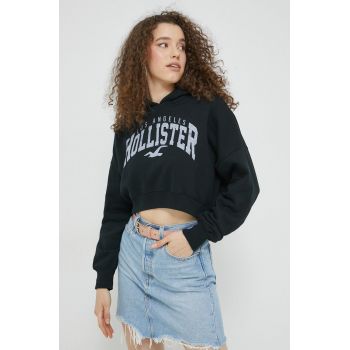 Hollister Co. bluza femei, culoarea negru, cu glugă, cu imprimeu