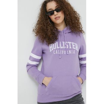 Hollister Co. bluza femei, culoarea violet, cu glugă, cu imprimeu