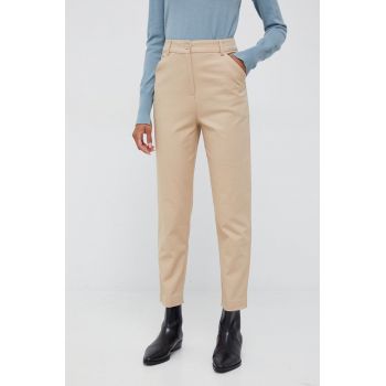 Sisley pantaloni femei, culoarea bej, drept, high waist