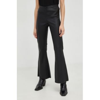 By Malene Birger pantaloni de piele femei, culoarea negru, evazati, high waist