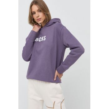 BOSS hanorac de bumbac femei, culoarea violet, cu glugă, imprimeu 50468367