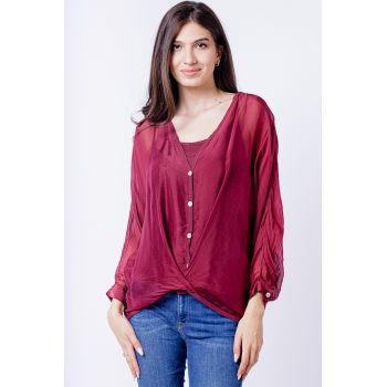 Bluza tip camasa, cu fald, din matase naturala bordo, cu dublura