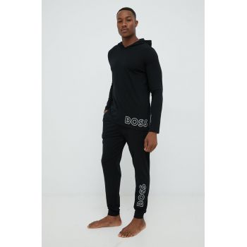 BOSS bluză lounge barbati, culoarea negru, cu glugă, cu imprimeu