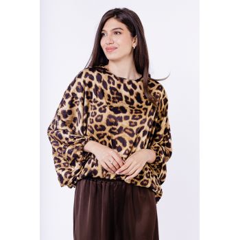 Camasa plisata din satin, cu maneci fluture si imprimeu animal print