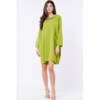 Rochie scurta verde deschis cu guler intors si buzunare ieftina la reducere
