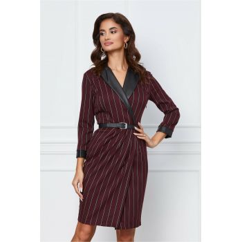 Rochie Dy Fashion bordo cu dungi si curea din piele la reducere