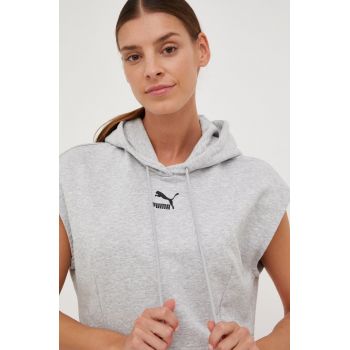 Puma hanorac de bumbac femei, culoarea gri, cu glugă, cu imprimeu de firma original