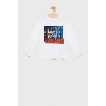Pepe Jeans longsleeve din bumbac pentru copii Claus culoarea alb, cu imprimeu
