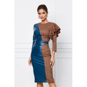 Rochie Dy Fashion din piele ecologica turcoaz cu carouri maro