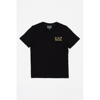 Tricou de bumbac cu decolteu la baza gatului si logo