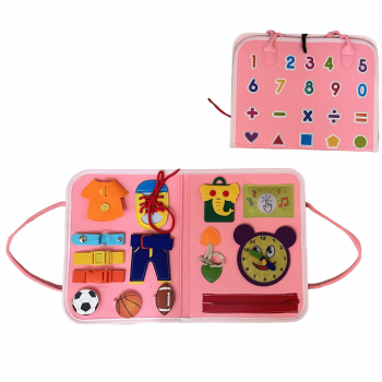Carte senzoriala tip geanta, cu 16 activitati, 45x28 cm, din fetru, roz ieftina