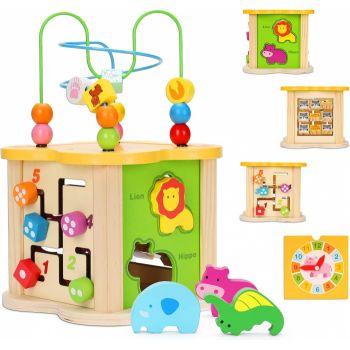 Cub cu 6 activitati Montessori, animalele salbatice cu circuit de bile Mini Animal Cube