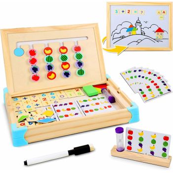 Joc Montessori 3 in 1, asociaza fructele, tabla de scris si tangram magnetice