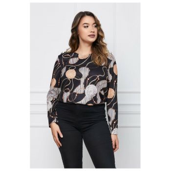 Bluza Asis neagra cu imprimeuri bej si nasturi pe umeri