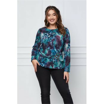 Bluza Janina turcoaz cu imprimeuri mov si catarama in talie